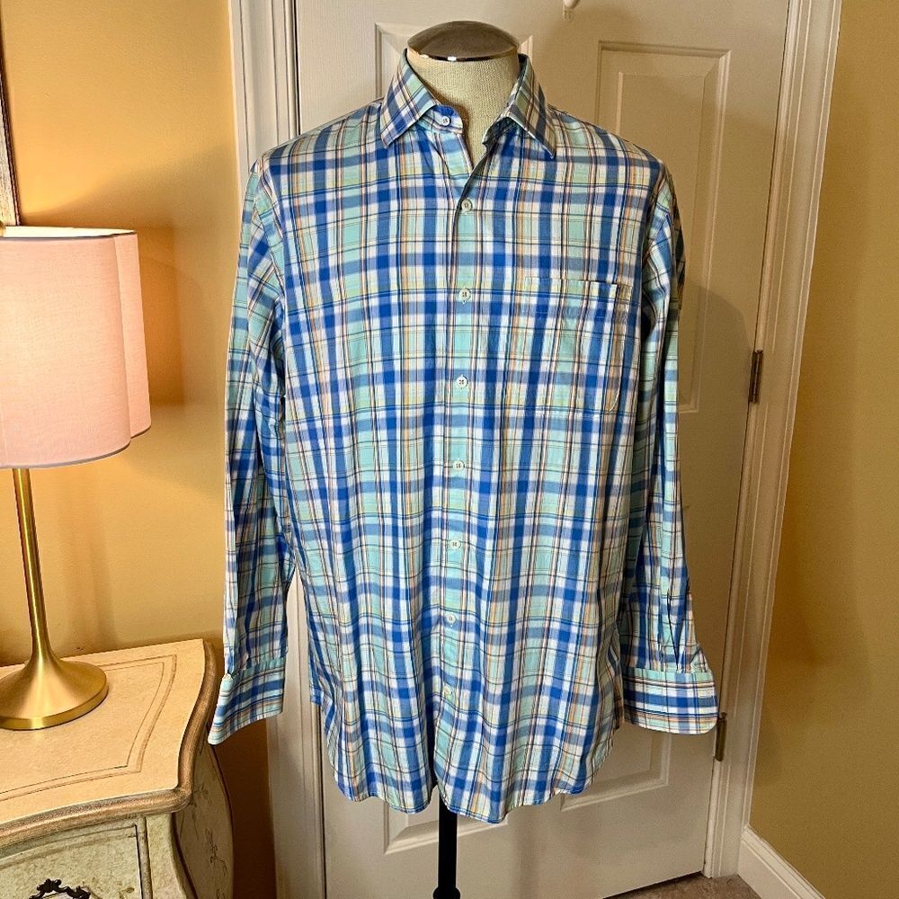 Peter Millar Classic Spread Collar Green Blue Plaid Button Front Shirt LARGE